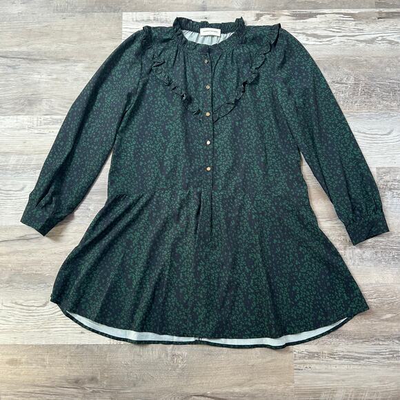 Goodnight Macaroon Green Animal Print Ruffle Drop Waist Long Sleeve Dress L - Picture 1 of 4